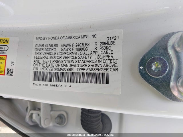 Honda Accord Touring 2021 1HGCV2F9XMA009984 Image 9