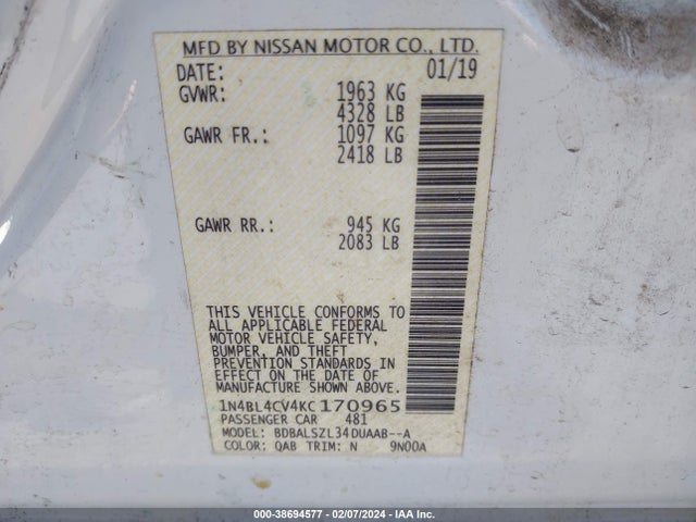 Nissan Altima 2.5 Sr 2019 1N4BL4CV4KC170965 Image 9