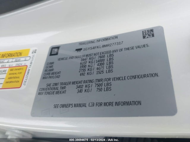 1GYS4FKL4MR277317 Cadillac Escalade 4wd Sport