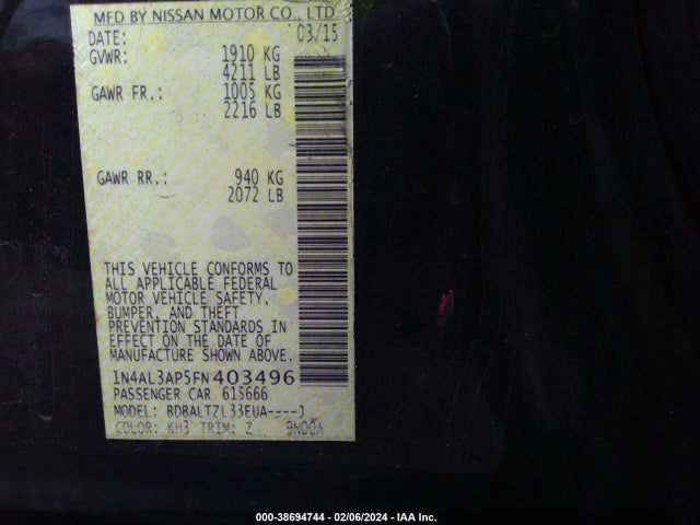 Nissan Altima 2.5 Sl 2015 1N4AL3AP5FN403496 Image 9
