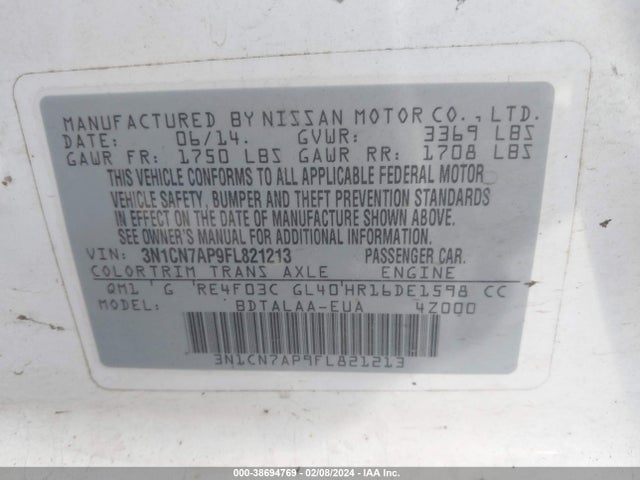 Nissan Versa 1.6 S 2015 3N1CN7AP9FL821213 Image 9