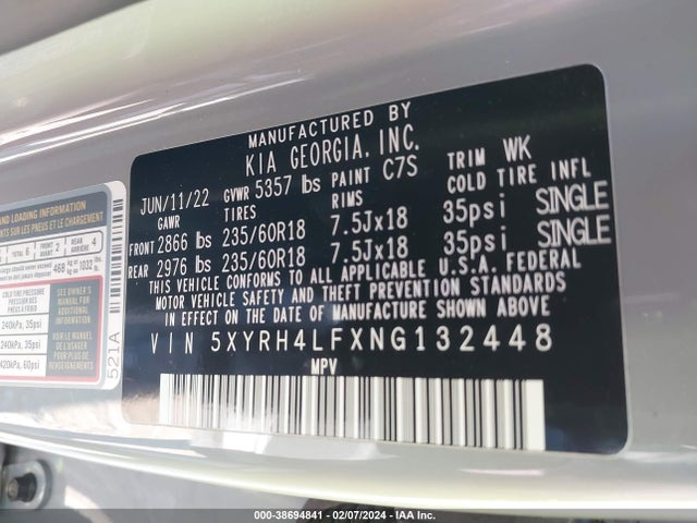 2022 KIA SORENTO EX VIN: 5XYRH4LFXNG132448