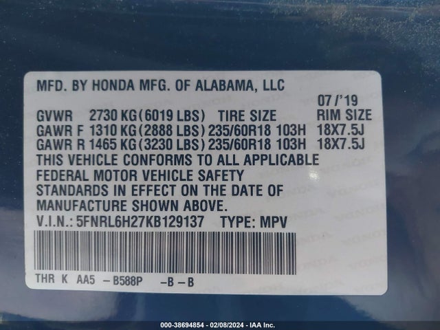 Honda ODYSSEY LX 2019 5FNRL6H27KB129137 Image 9