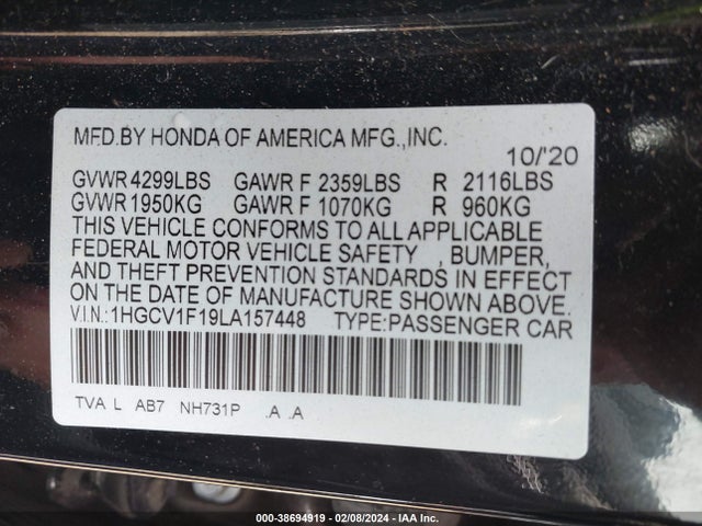 Honda ACCORD LX 2020 1HGCV1F19LA157448 Image 9