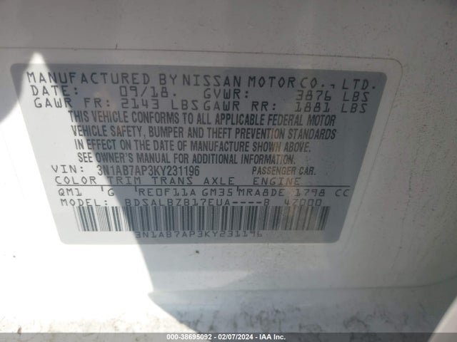 Nissan SENTRA S 2019 3N1AB7AP3KY231196 Image 9