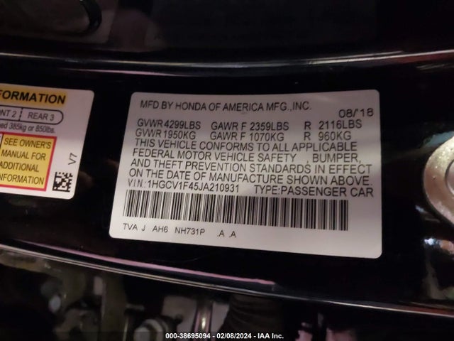 Honda ACCORD EX 2018 1HGCV1F45JA210931 Image 9