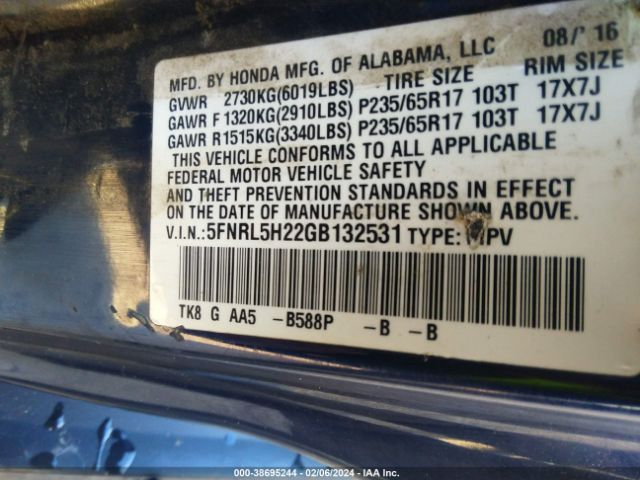 5FNRL5H22GB132531 Honda ODYSSEY LX