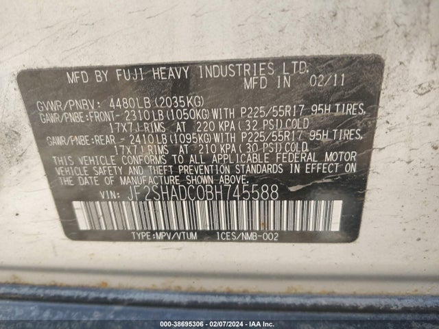2011 SUBARU FORESTER 2.5X PREMIUM VIN: JF2SHADC0BH745588