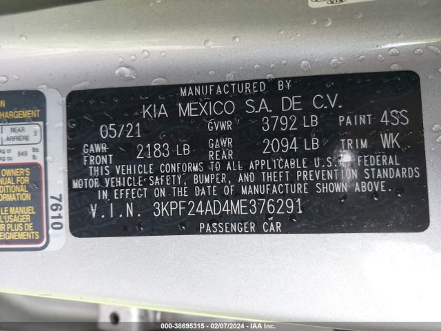 2021 KIA FORTE LXS VIN: 3KPF24AD4ME376291