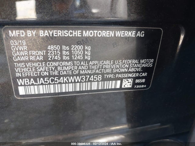 BMW 530I 2019 WBAJA5C54KWW37458 Image 9