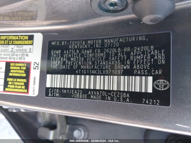 2020 TOYOTA CAMRY SE VIN: 4T1G11AK3LU971097