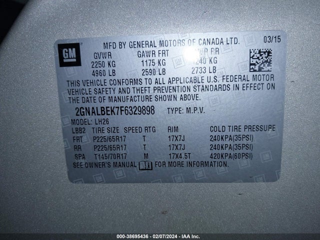 Chevrolet EQUINOX 1LT 2015 2GNALBEK7F6329898 Image 9