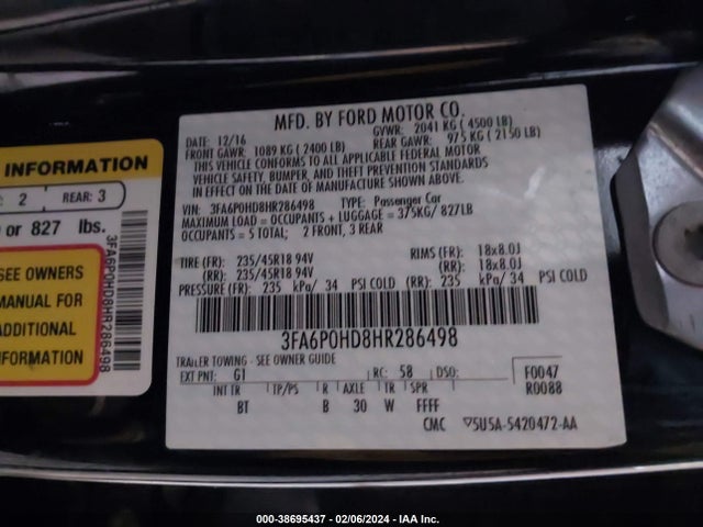 38695437 :رقم المزاد ، 3FA6P0HD8HR286498 vin ، 2017 Ford Fusion Se مزاد بيع