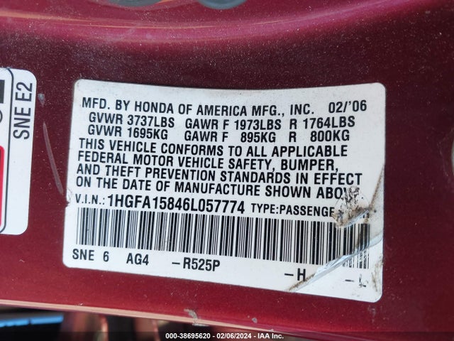 2006 HONDA CIVIC EX VIN: 1HGFA15846L057774