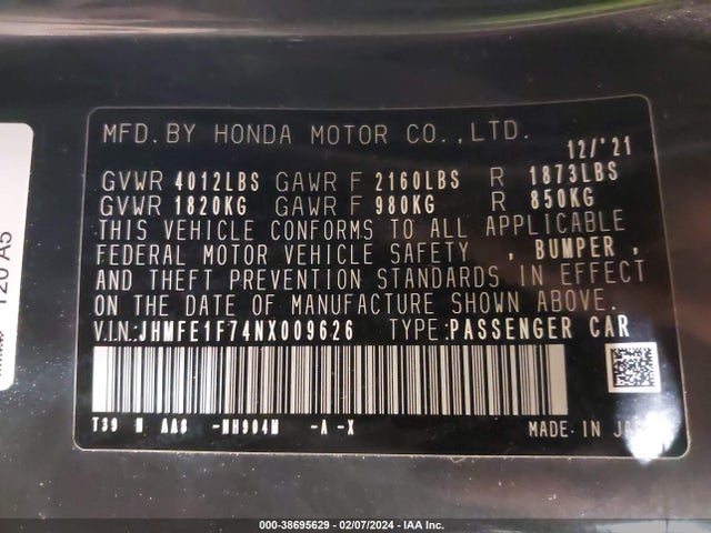 Honda CIVIC EX 2022 JHMFE1F74NX009626 Image 9