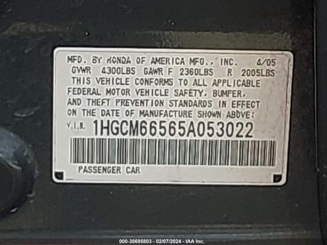 2005 HONDA ACCORD 3.0 EX VIN: 1HGCM66565A053022