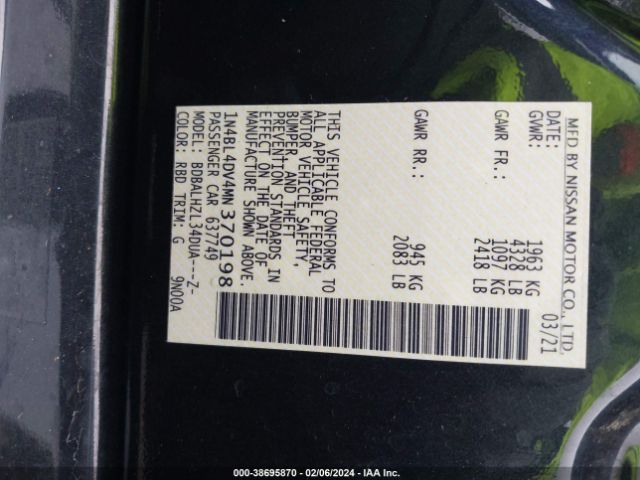 1N4BL4DV4MN370198 Nissan Altima Sv Fwd