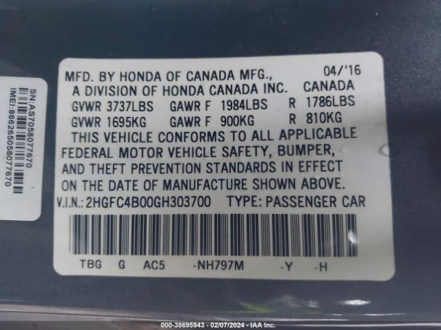 2HGFC4B00GH303700 Honda Civic Lx-p