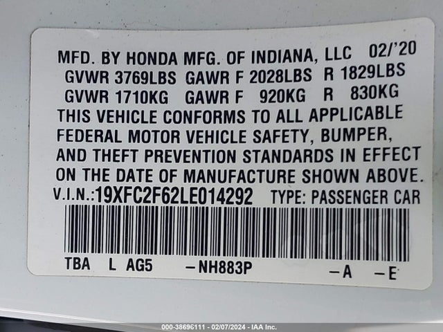 2020 HONDA CIVIC LX VIN: 19XFC2F62LE014292