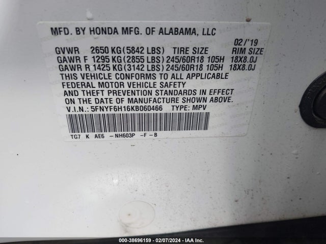 Honda PILOT LX 2019 5FNYF6H16KB060466 Image 9