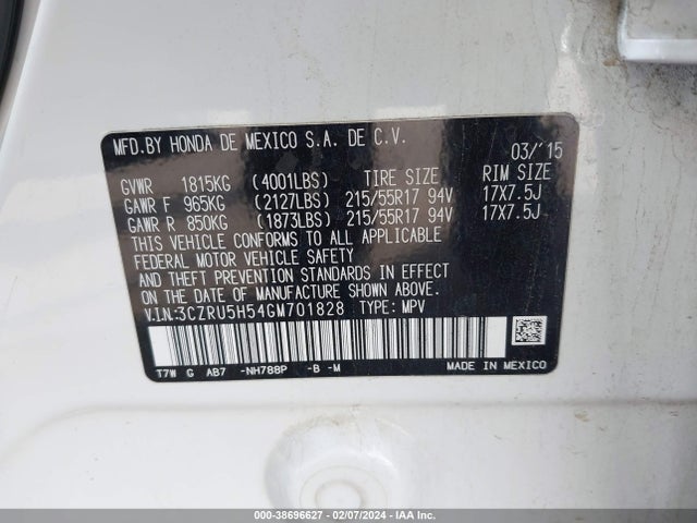Honda HR-V EX 2016 3CZRU5H54GM701828 Image 9