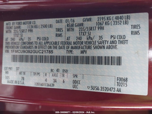 Ford ESCAPE SE 2016 1FMCU9G92GUC21785 Image 9