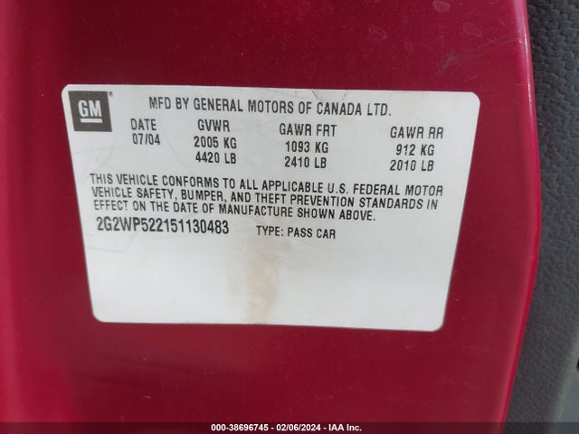 2005 PONTIAC GRAND PRIX VIN: 2G2WP522151130483