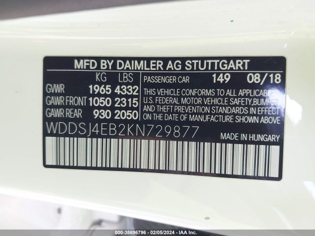38696796 :رقم المزاد ، WDDSJ4EB2KN729877 vin ، 2019 Mercedes-benz Cla 250 مزاد بيع