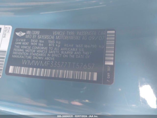 2007 MINI COOPER WMWMF33577TT57657 Photo 8