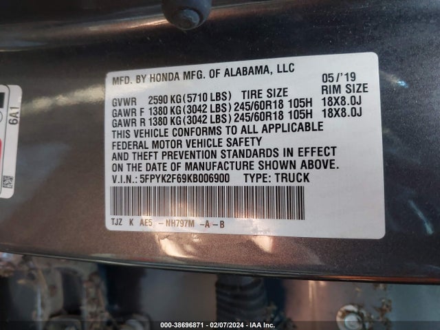 Honda Ridgeline Rtl-t 2019 5FPYK2F69KB006900 Image 9