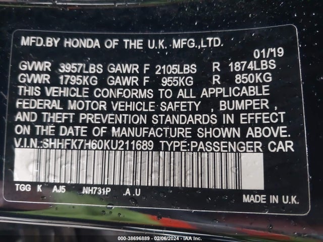 Honda CIVIC EX 2019 SHHFK7H60KU211689 Image 9