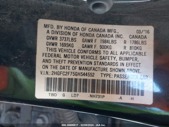 Honda CIVIC EX 2016 2HGFC2F75GH544552 Image 9