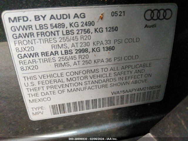 WA15AAFY4M2108258 Audi Q5 Sportback Premium Plus 45 Tfsi Quattro S Tronic