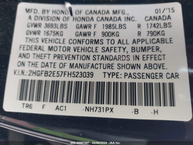 Honda Civic Lx 2015 2HGFB2E57FH523039 Image 9