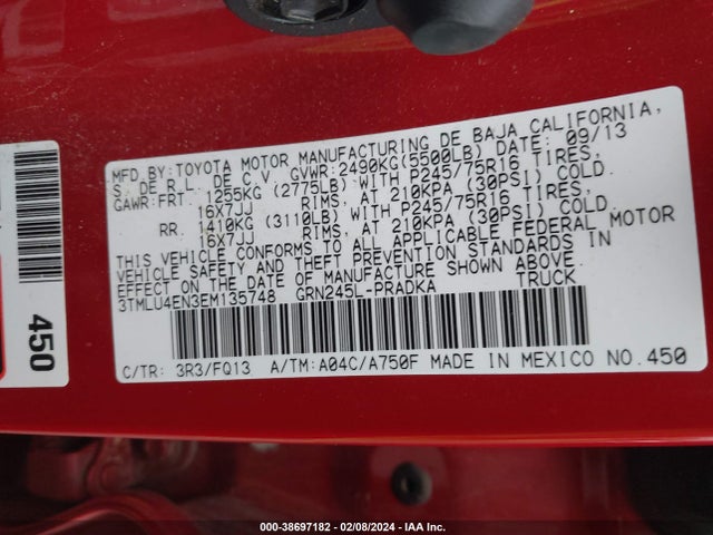 Toyota Tacoma Base V6 2014 3TMLU4EN3EM135748 Image 9