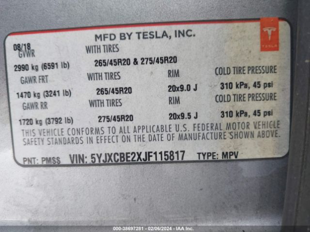 5YJXCBE2XJF115817 Tesla Model X 100d/75d/p100d