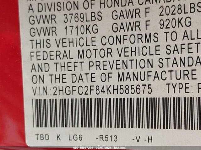 Honda Civic Sport 2019 2HGFC2F84KH585675 Image 9