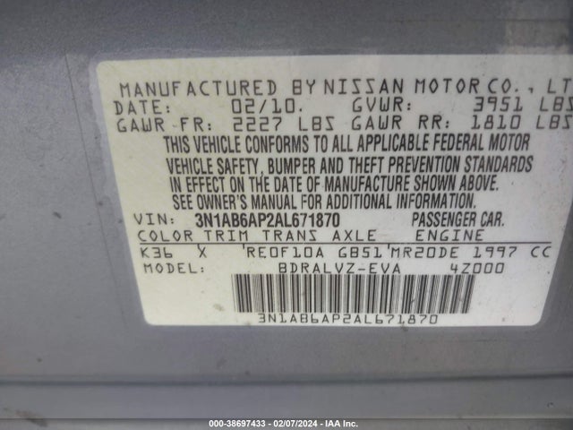 2010 NISSAN SENTRA 2.0SL VIN: 3N1AB6AP2AL671870