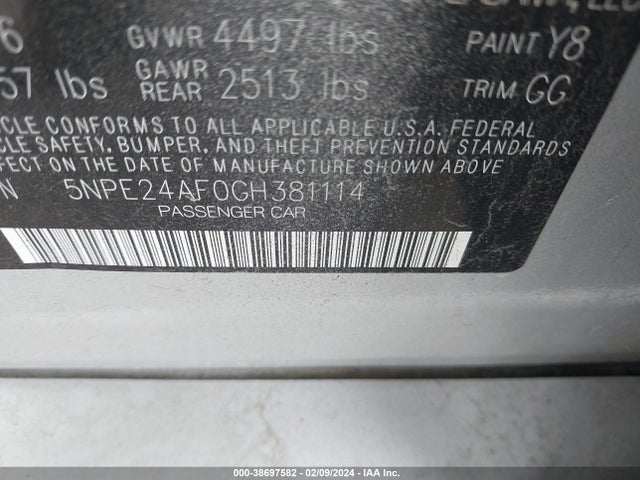 2016 HYUNDAI SONATA SE VIN: 5NPE24AF0GH381114