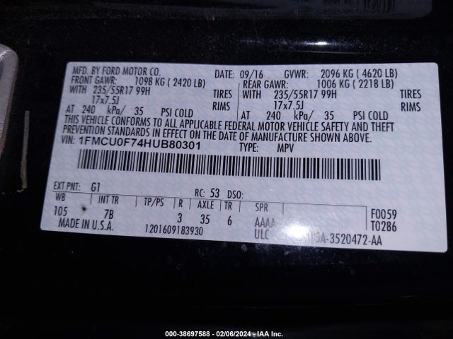 Ford ESCAPE S 2017 1FMCU0F74HUB80301 Image 9
