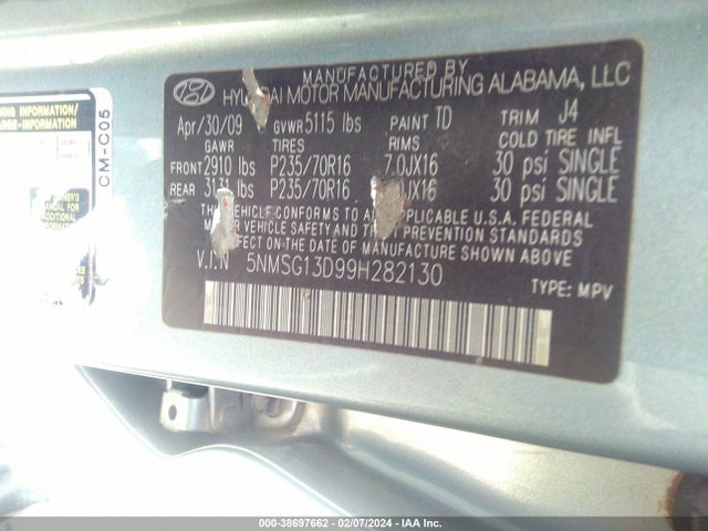 2009 HYUNDAI SANTA FE GLS VIN: 5NMSG13D99H282130