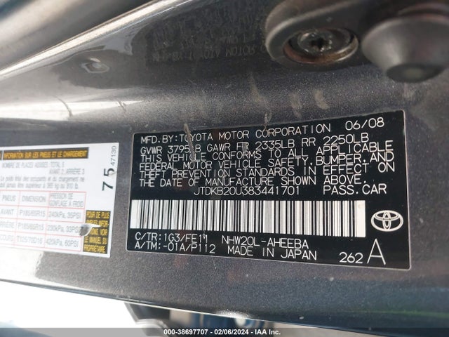 2008 TOYOTA PRIUS VIN: JTDKB20U383441701