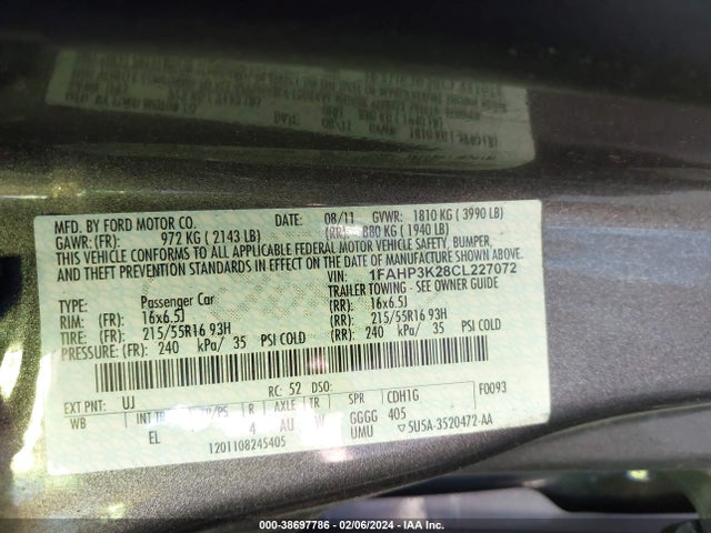 2012 FORD FOCUS SE VIN: 1FAHP3K28CL227072