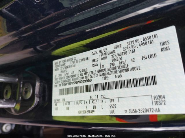 1FT6W1EV5NWG09950 Ford F-150 Lightning Lariat
