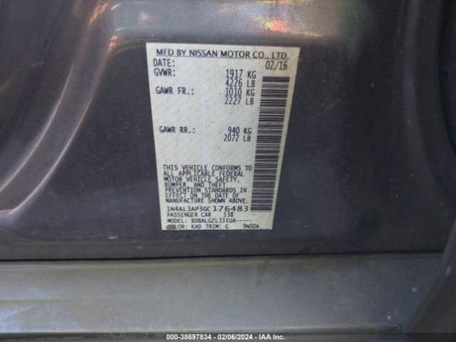 1N4AL3AP3GC176483 Nissan Altima 2.5/2.5 S/2.5 Sl/2.5 Sr/2.5 Sv