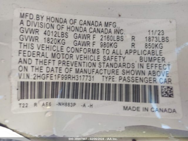 2HGFE1F99RH317731 Honda Civic Touring