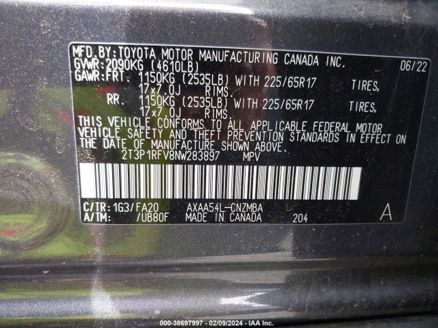 2022 TOYOTA RAV4 XLE VIN: 2T3P1RFV8NW283897