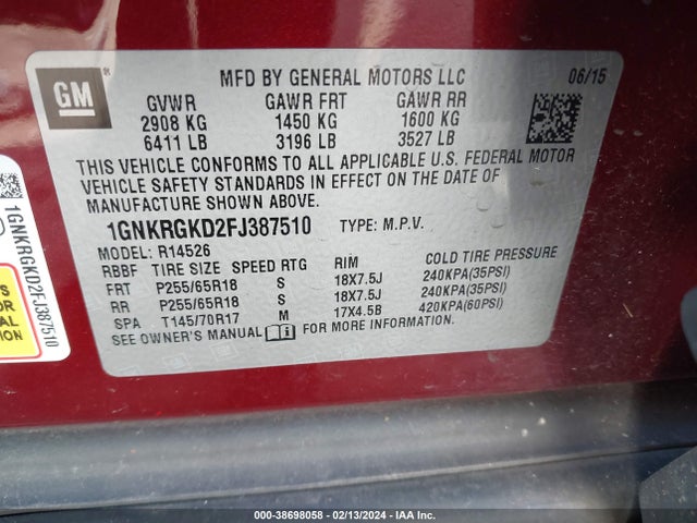 Chevrolet Traverse 1lt 2015 1GNKRGKD2FJ387510 Image 9