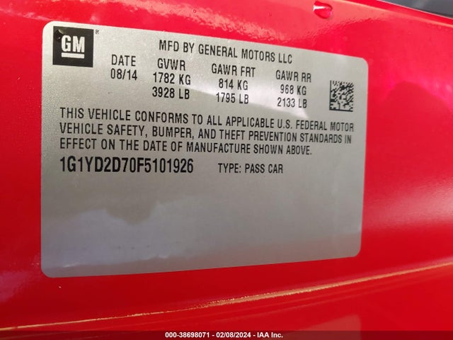 Chevrolet CORVETTE STINGRAY 2015 1G1YD2D70F5101926 Image 9