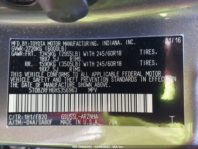 Toyota Highlander Le 2017 5TDBZRFH6HS356963 Image 9